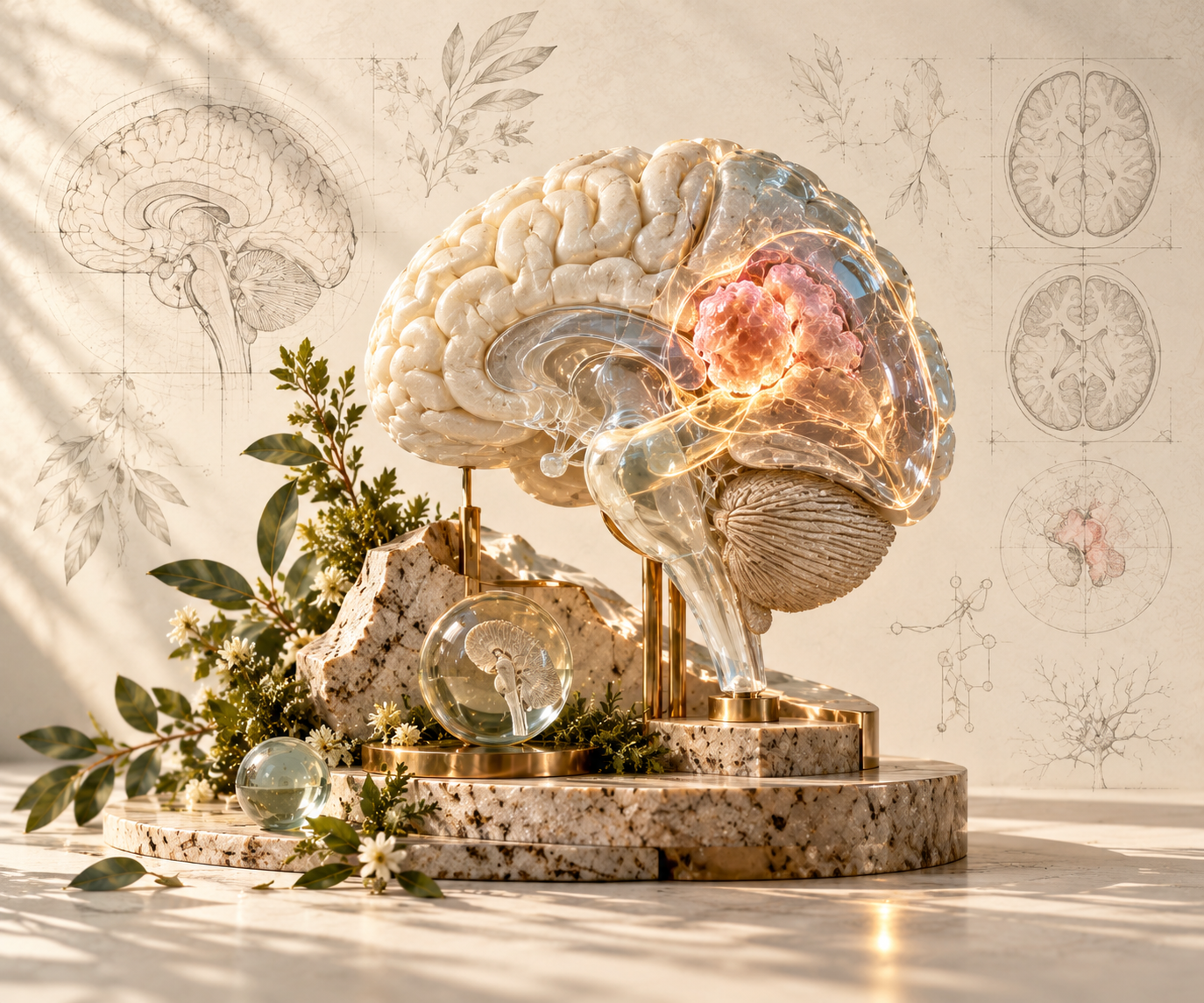Translucent brain sculpture with glowing core