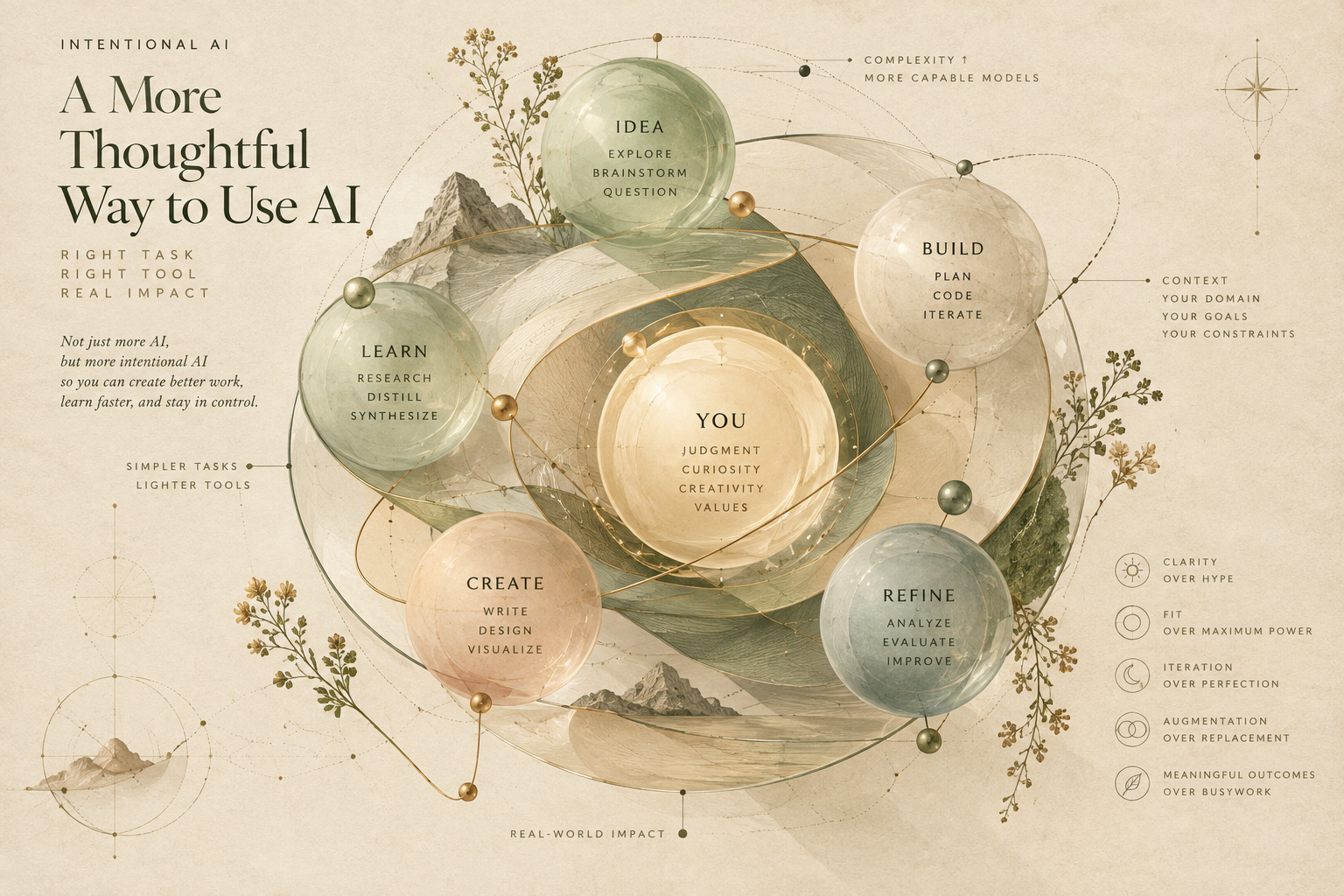 An illustrated orbit of AI work around a person: learn, idea, build, create, and refine, guided by human judgment, curiosity, creativity, and values.